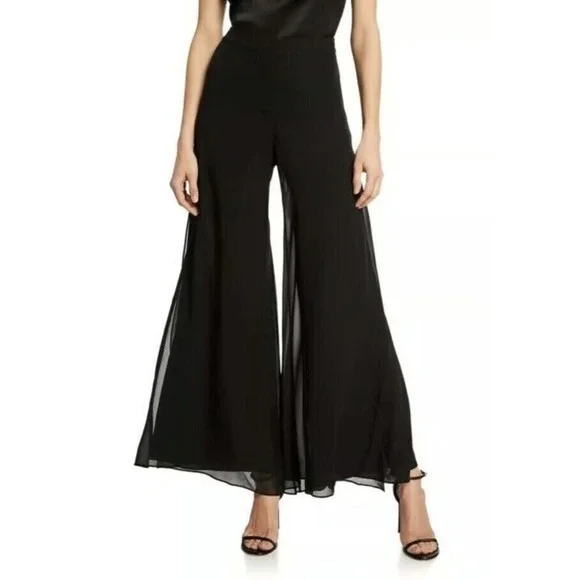 St. John Evening 100% Silk Chiffon Overlay Pants Wide-Leg Slit Black Size 12 - Picture 15 of 16